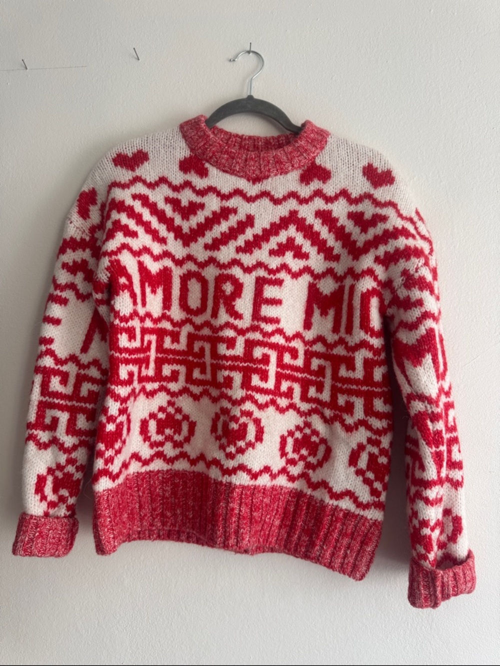 H&M XS (xs-m) red and White Patterned Knit Sweater - Women's Cozy Crewneck